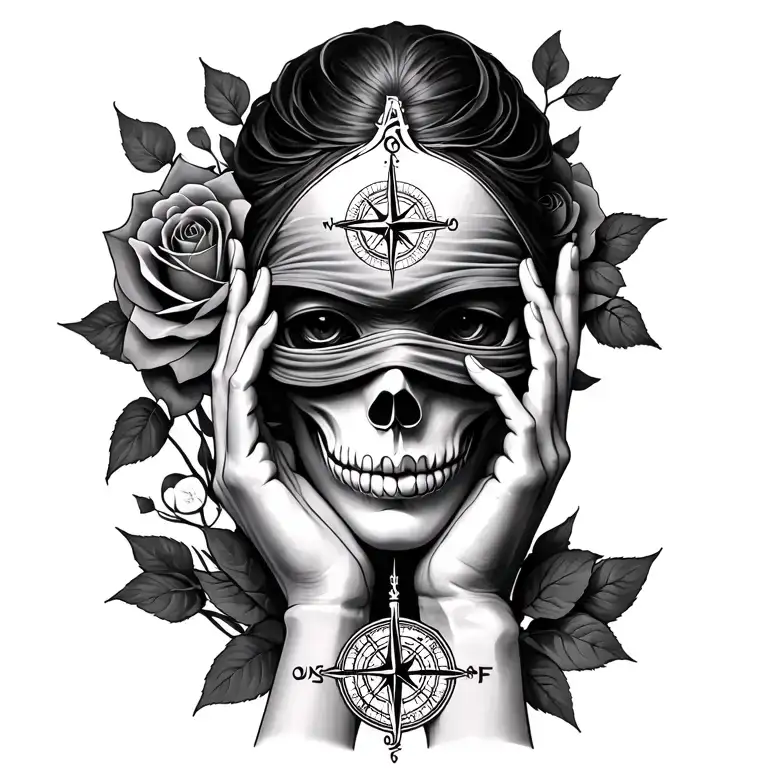 roses, Japanese death mask, compass, mythology tattoo blindfold covering eyes and hands covering ears  tattoo design idea