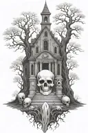 big ghost surrounded by trees, gravestones, skulls, and a large mausoleum tattoo design idea