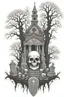 big ghost surrounded by trees, gravestones, skulls, and a large mausoleum tattoo design idea