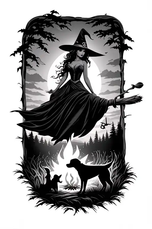 silhouette of busty sexy witch bride on broomstick over a campsite with a trailer and campfire with children & dog tattoo design idea