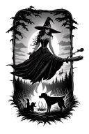 silhouette of busty sexy witch bride on broomstick over a campsite with a trailer and campfire with children & dog tattoo design idea