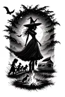 silhouette of busty sexy witch bride on broomstick over a campsite with a trailer and campfire with children & dog tattoo design idea