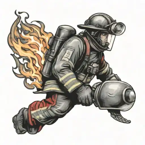 Working firefighter battleing flames with red helmet, grey scale for for an arm tattoo design idea