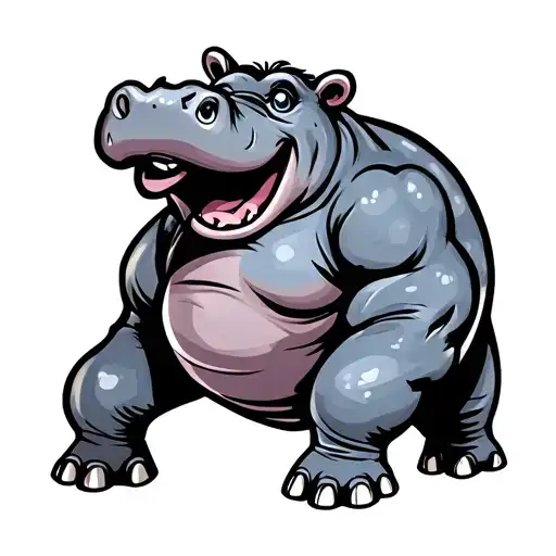 flexing cartoon hippopotamus with bright colors tattoo design idea