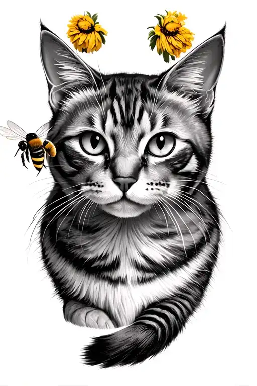 cat ith a bee on his nose side veiw small tattoo design idea
