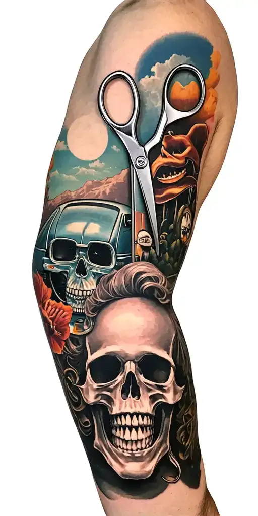 sleeve with different pictures scissors, auto, skull, smiley and all this is connected by something with something tattoo design idea