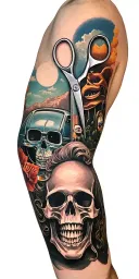 sleeve with different pictures scissors, auto, skull, smiley and all this is connected by something with something tattoo design idea