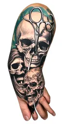 sleeve with different pictures scissors, auto, skull, smiley and all this is connected by something with something tattoo design idea