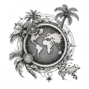 Roman, compass, world map, palm trees tattoo design idea