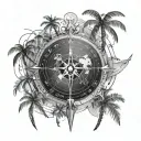 Roman, compass, world map, palm trees tattoo design idea
