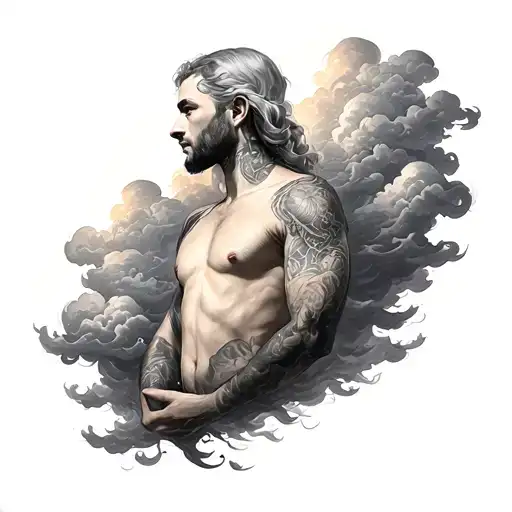 A full chest and shoulder tattoo in black and grey realism, seamlessly connecting to an existing cloud sleeve tattoo design idea
