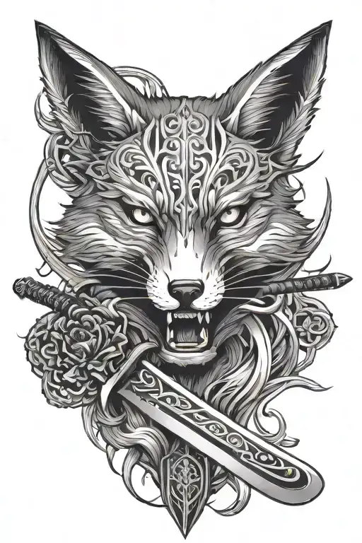 katana sword crossed together with serious fox head  tattoo design idea