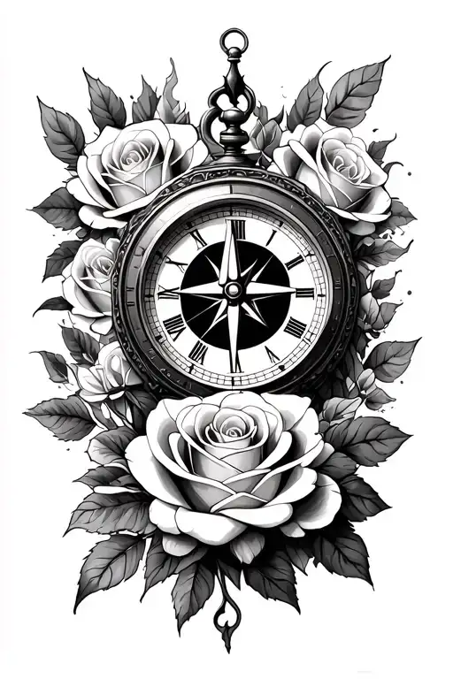 Compass, clock, roses tattoo design idea
