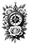 Compass, clock, roses tattoo design idea