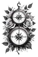 Compass, clock, roses tattoo design idea