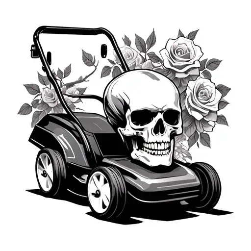 skull and roses lawnmower tattoo design idea