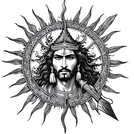 Im looking for a forearm tattoo of Mahabharata Karna and sun maybe something like an arrow and a sun depiction and lord  tattoo design idea
