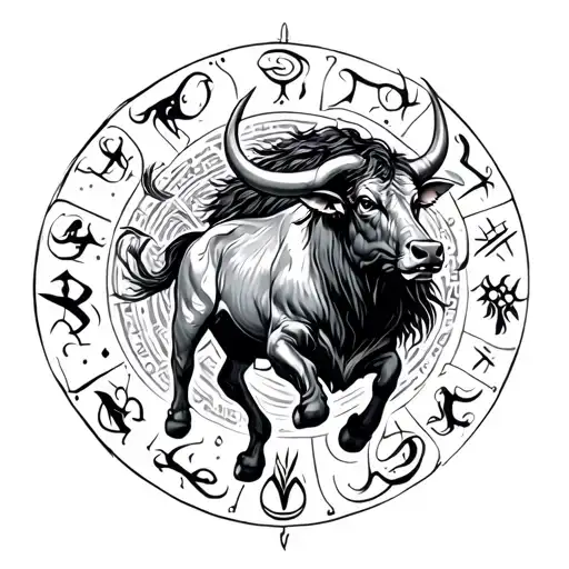 Taurus bull charging through zodiac symbol intertwined tattoo design idea