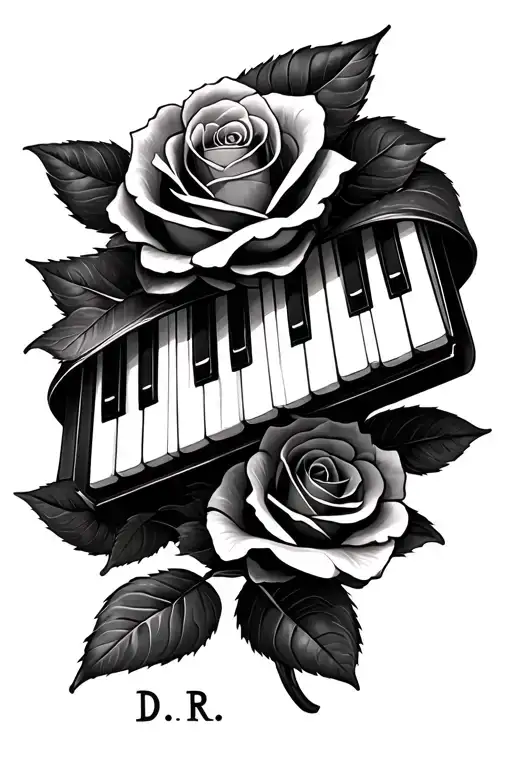 piano keys wrapped in rose's initials "D.R." tattoo design idea