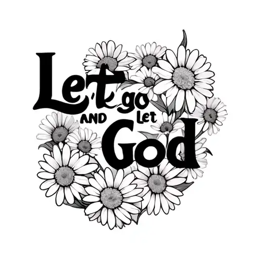 “Let go and let God” with daisies entwined with the words in a straight line tattoo design idea