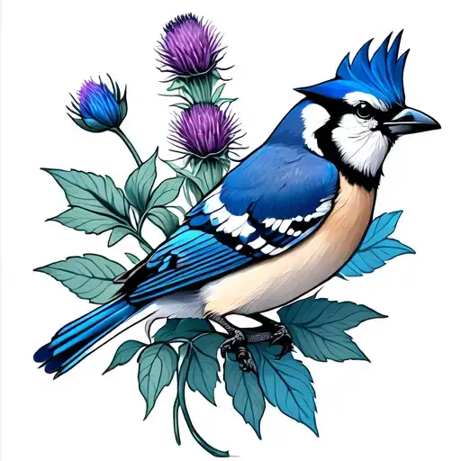 blue jay bird flying, cardinal bird, lily flower, thistle  tattoo design idea