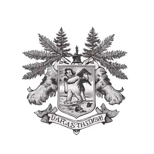 Arthur Mogran from Red Dead Redemption 2, forest at the background, everything is in a coat of arms and there is a phras tattoo design idea