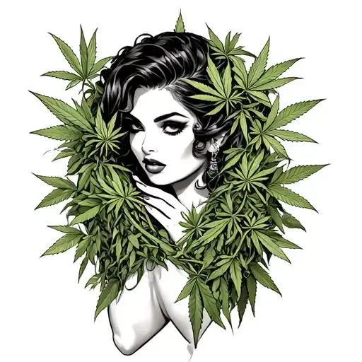 Pinup babe wrapped in marijuana vines growing tattoo design idea