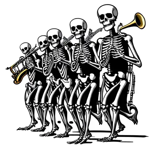 band of dancing skeletons marching in a line with each one playing either saxophone, trumpet, trombone, or drums tattoo design idea