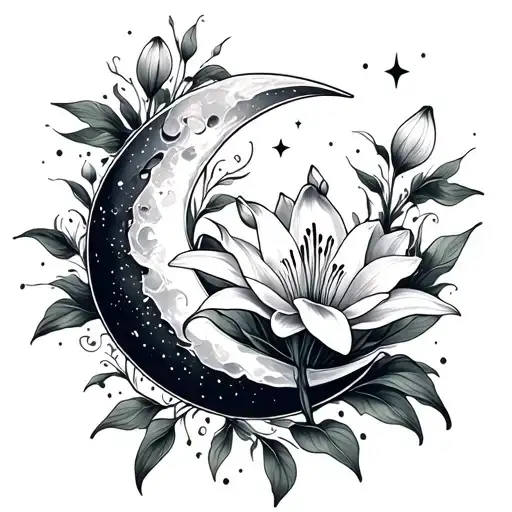 A crescent moon cradling a blooming lily, with fine line details like small stars or a subtle wave pattern underneath. tattoo design idea