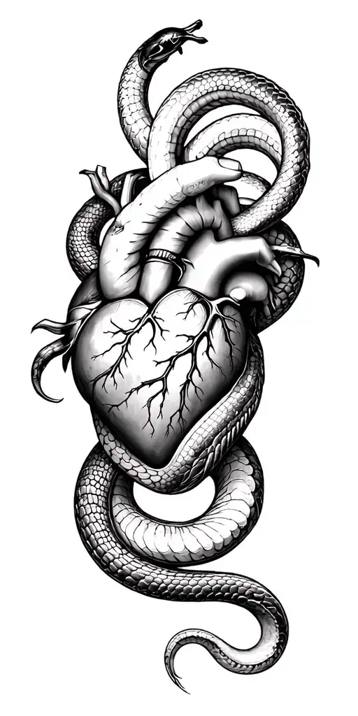 Anatomic heart on wrist with snake coming out of it going all the way up and wrapping around the arm ending at the bicep tattoo design idea