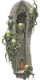 cthulhu and cultists trapped in a cathedral realism tattoo design idea