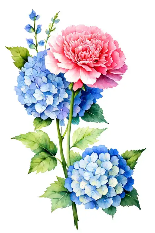 Pink Carnation and blue hydrangea bicep band tattoo design idea
