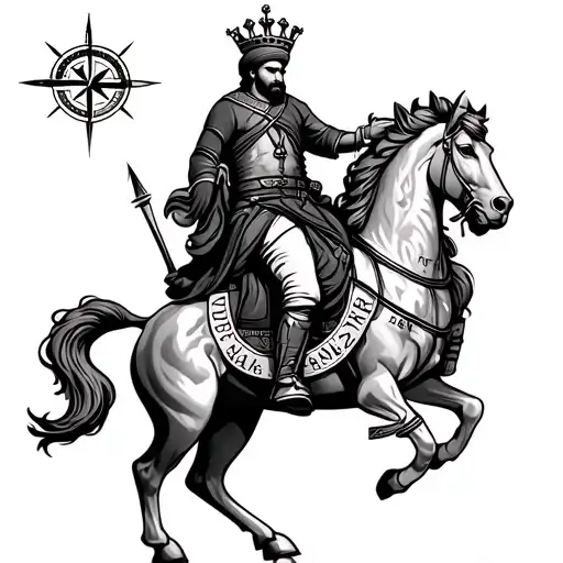 Lion with crown, compass pointing east India, map of Punjab with 'Kala Sanghian, 144623' marked, Sikh warrior on horseb tattoo design idea