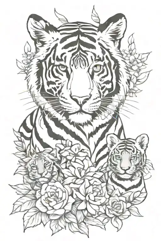 tigress with two cubs and flowers tattoo design idea