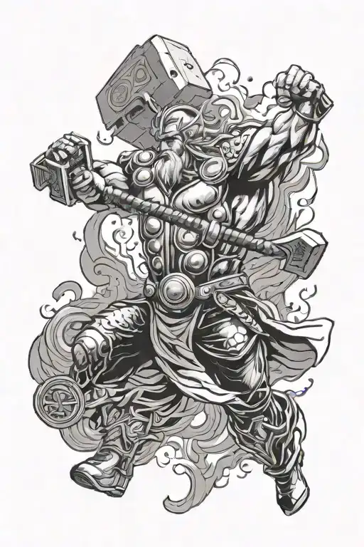 Jormungandur being slain by Thor using Mjolnir Hammer tattoo design idea