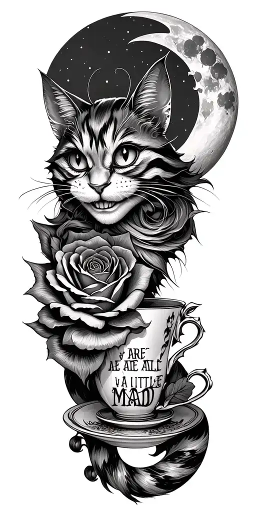 "We are all a little mad" twisted gothic cheshire cat with extreme smile, teacup, rose. and moon intertwined  tattoo design idea
