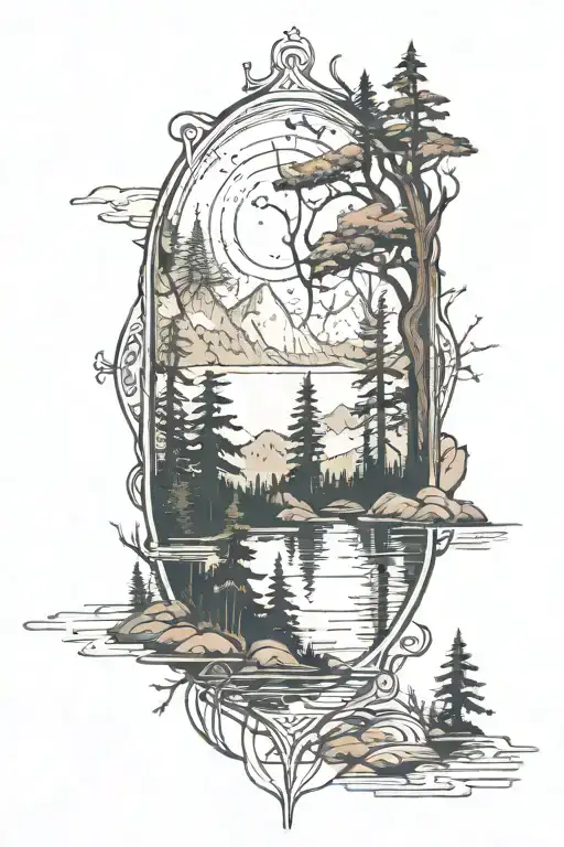 Lake and forest in the foreground transitioning to space scene above tattoo design idea