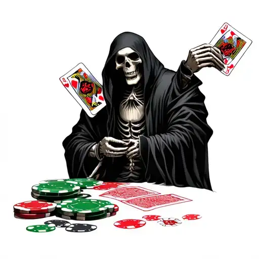grim reaper dealing poker games with skeleton playing cards realistic tattoo design idea