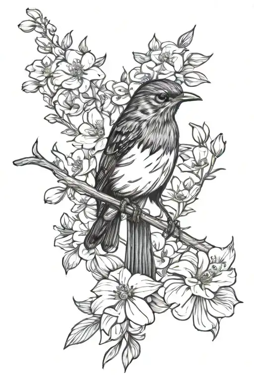 robin bird perching with aster flower blooming and sweet pea flowers  tattoo design idea