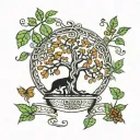 A traditional style tattoo of a Celtic tree of life with coffee beans growing from the branches and a cat lounging at the base tattoo design idea