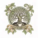 A traditional style tattoo of a Celtic tree of life with coffee beans growing from the branches and a cat lounging at the base tattoo design idea