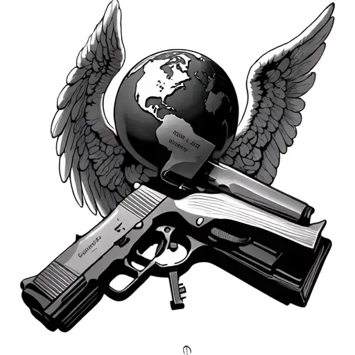 Angel holding the key to life with a Glock 19 and a bible with the globe hovering over it at an alter tattoo design idea