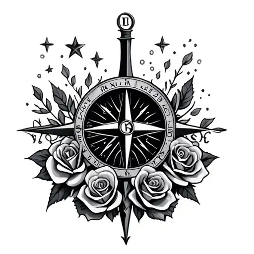 A black and grey tattoo of a compass with the initials I & F, surrounded by roses and stars, symbolizing deep connections and fate. tattoo design idea