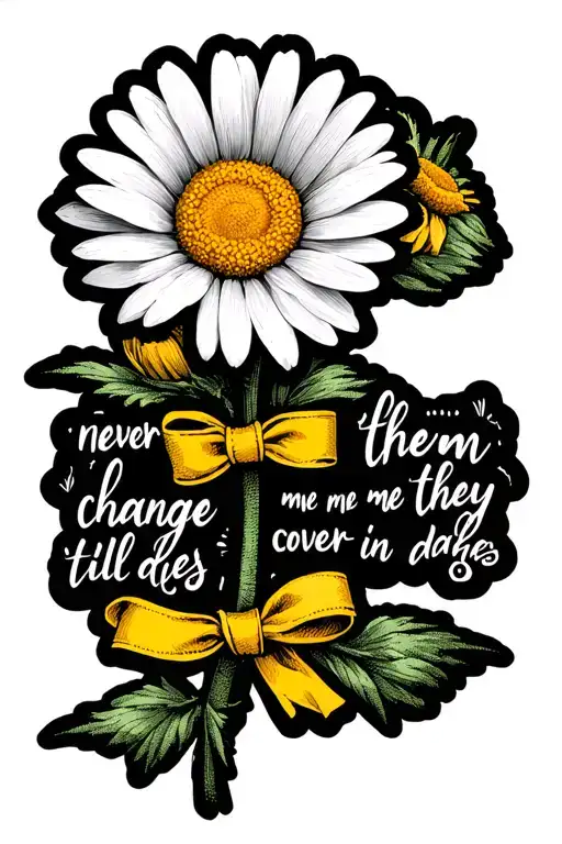 daisy flower with the stem has writing "never let them change me til they cover me in daises with yellow ribbons around tattoo design idea