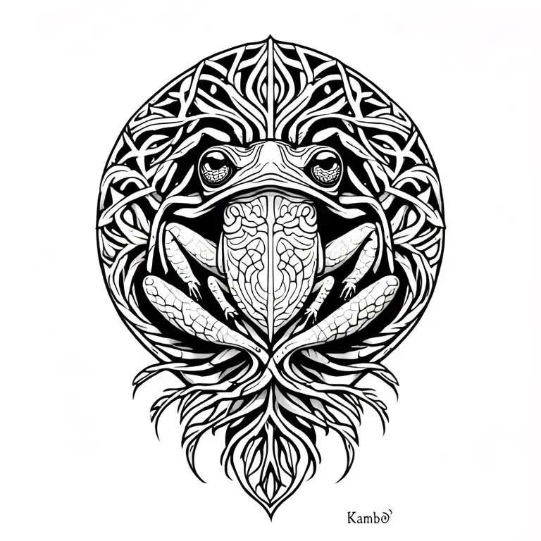Kambo frog, ayahuasca vines entertwined roots of an ancient, sacred geometry tattoo design idea