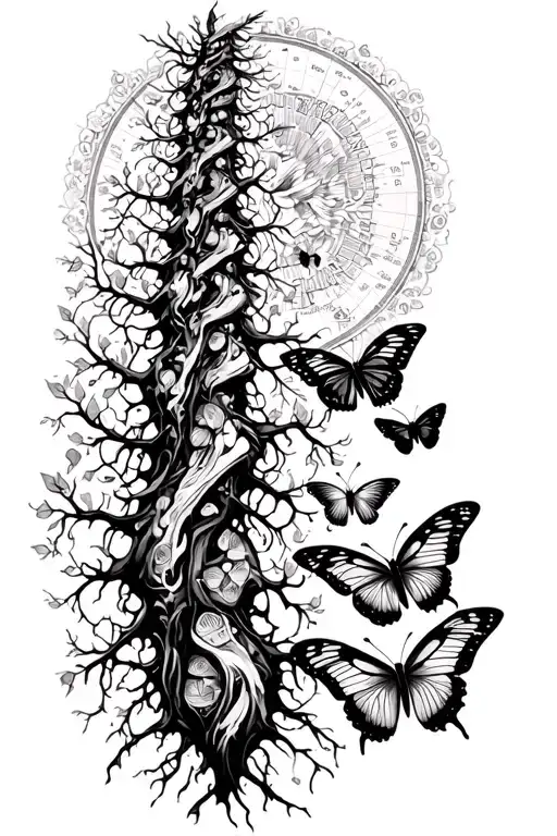 Geographic black and white tattoo to go on spine. Family tree, butterflies. Gothic style tattoo design idea