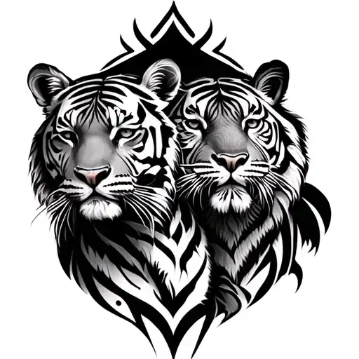 Two tigers. One and one daughter.  Arm band. Tribal with warrior included. tattoo design idea