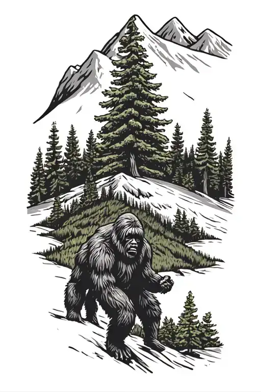 Evergreen Trees, Mountain, Bigfoot tattoo design idea