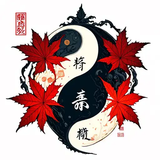 Japanese maple Red leaf, Yin Yang with name Benoit in Japanese characters tattoo design idea
