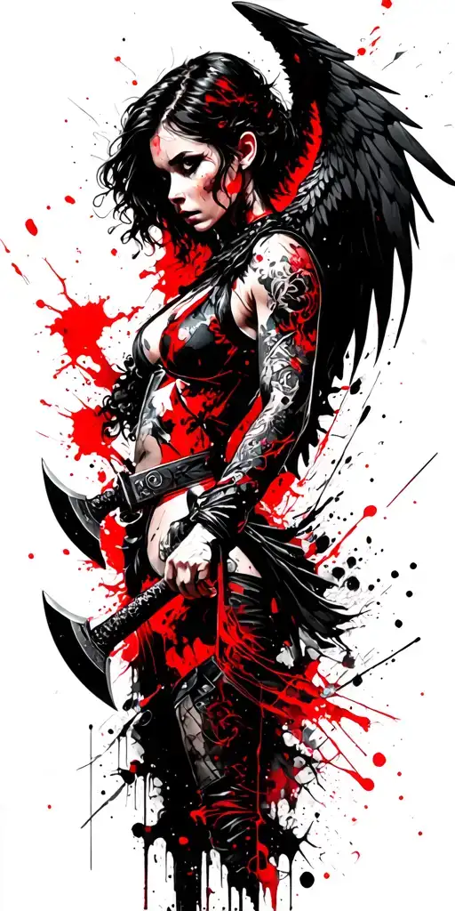 fantasy style female battle angel holding a battle axe tattoo design idea
